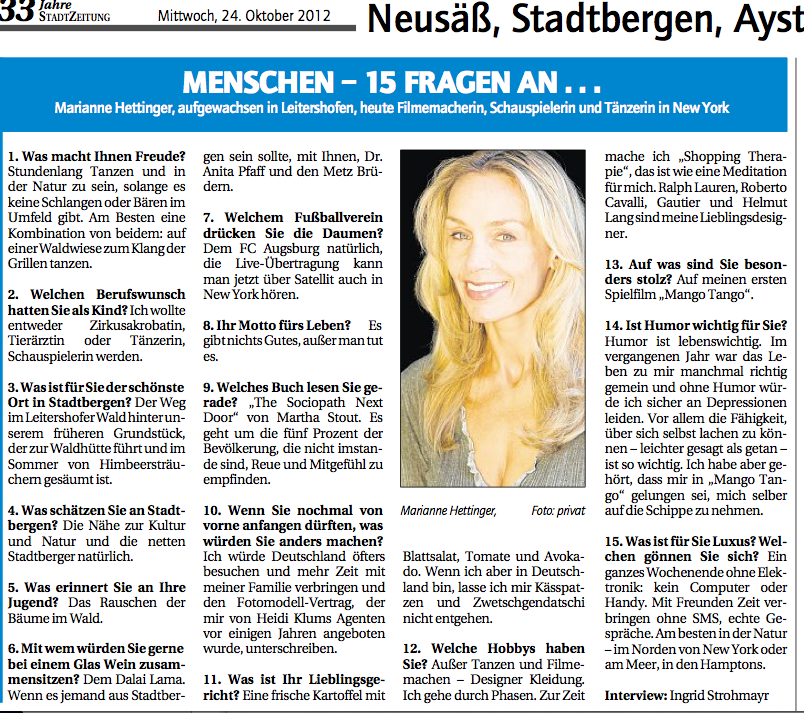 Marianne Hettinger interviewed by Augsburger Stadtzeitung Oct.24th 2012